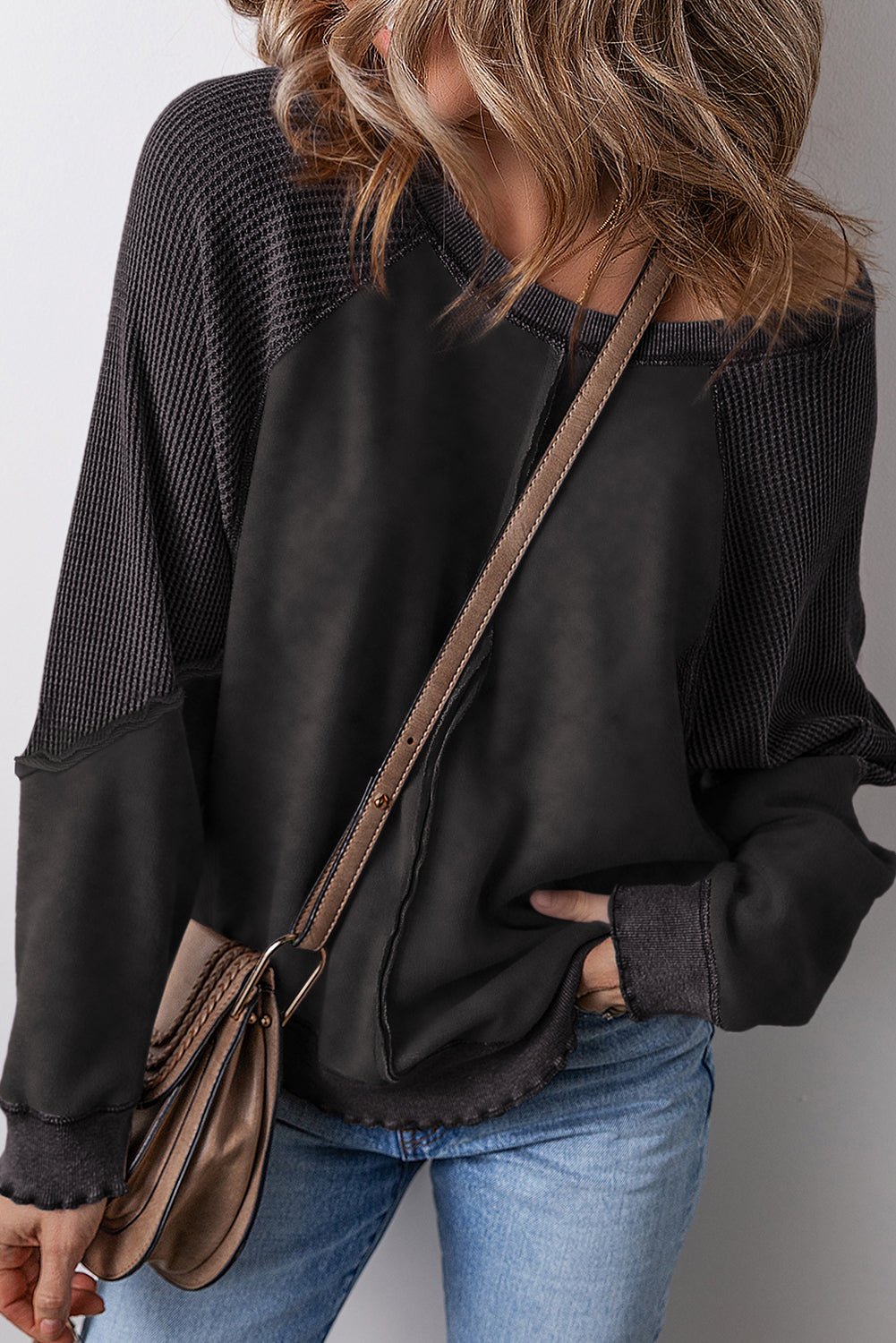 Solid Waffle Knit Patchwork Raglan Sleeve Sweatshirt - Rooted & Reckless Co.