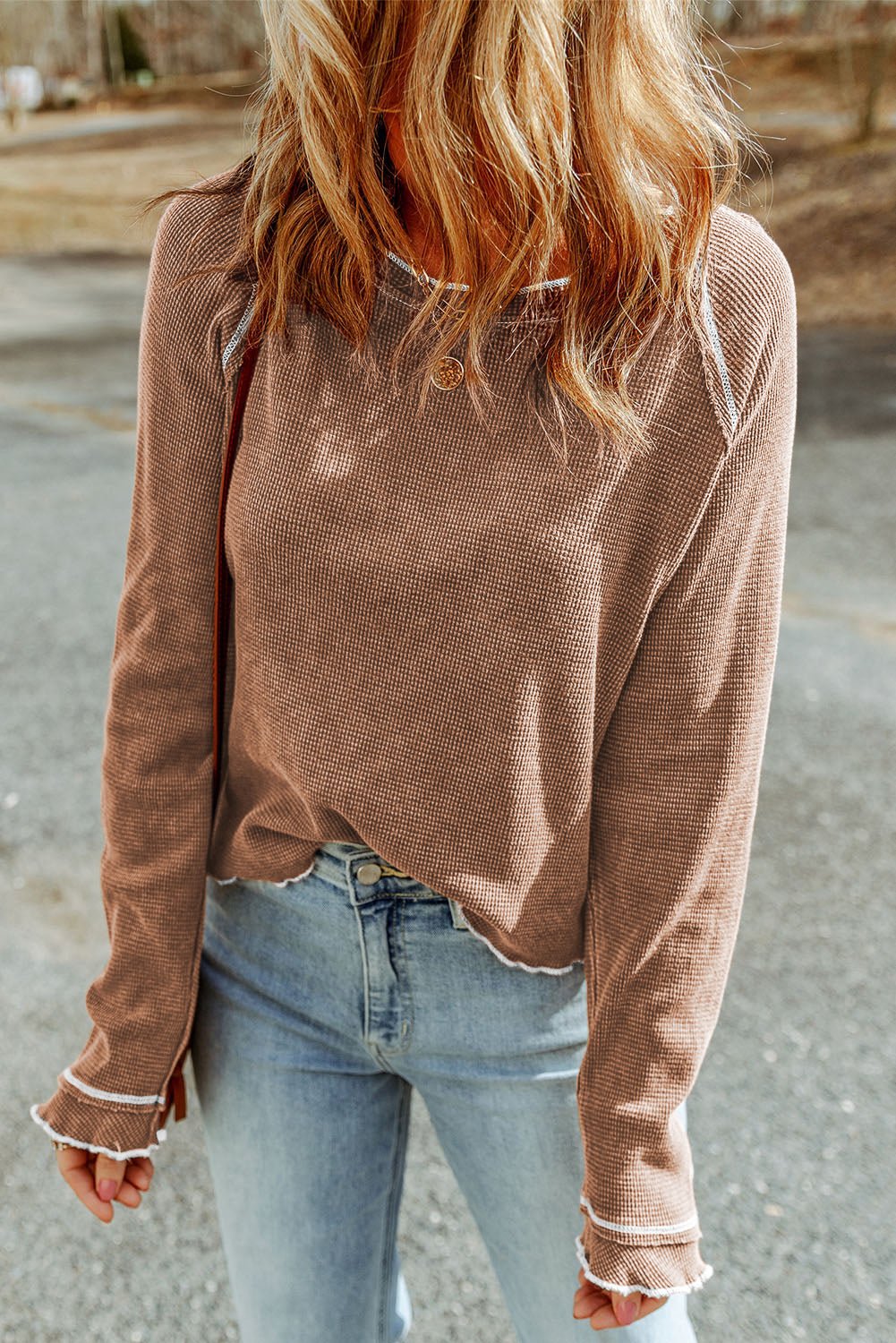 Solid Waffle Knit Round Neck Long Sleeve Top - Rooted & Reckless Co.