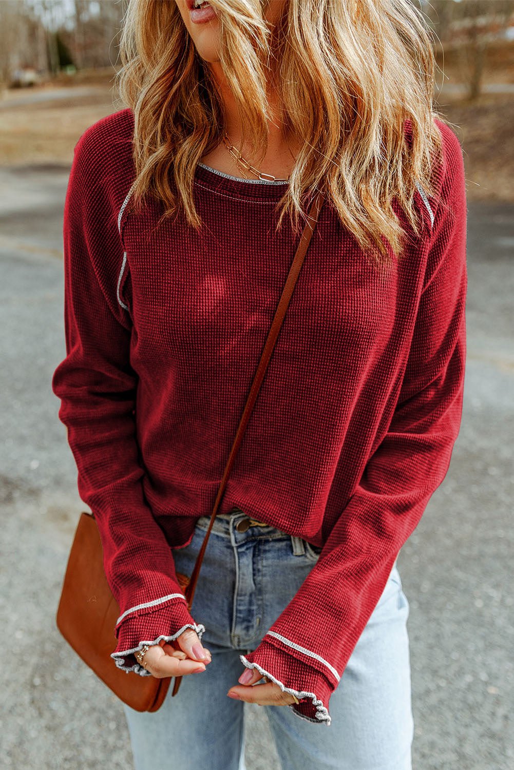 Solid Waffle Knit Round Neck Long Sleeve Top - Rooted & Reckless Co.