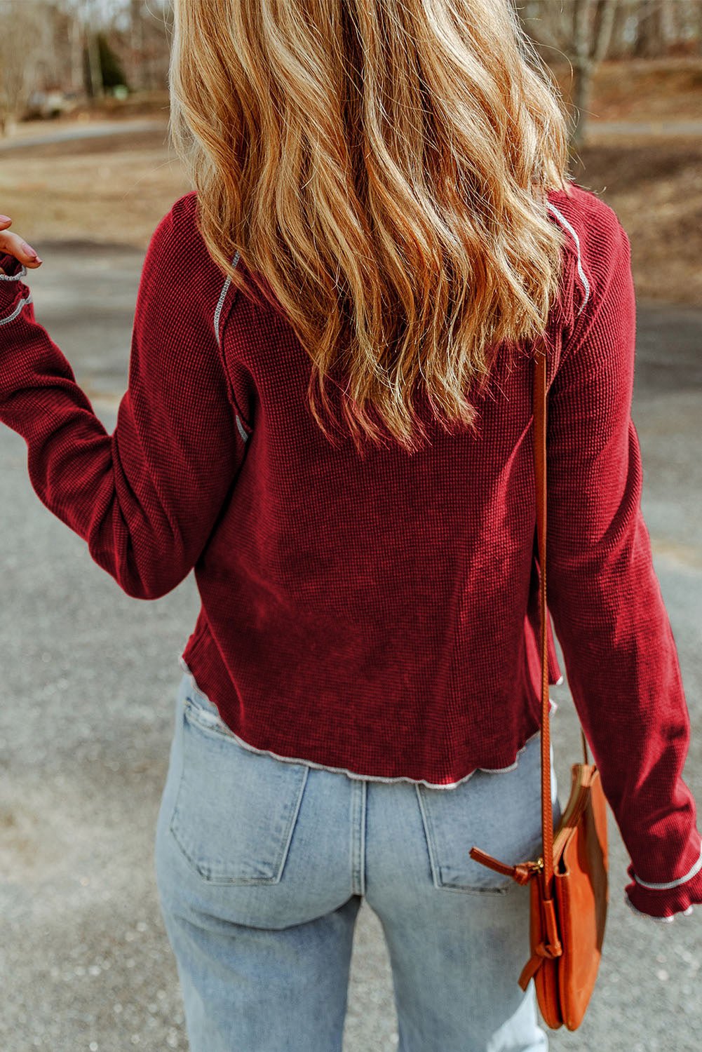 Solid Waffle Knit Round Neck Long Sleeve Top - Rooted & Reckless Co.