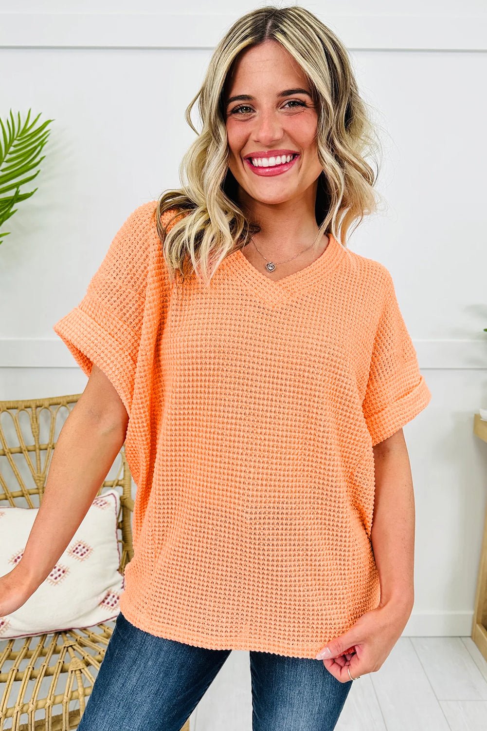 Solid Waffle Knit V-Neck Short Sleeve Top - Rooted & Reckless Co.