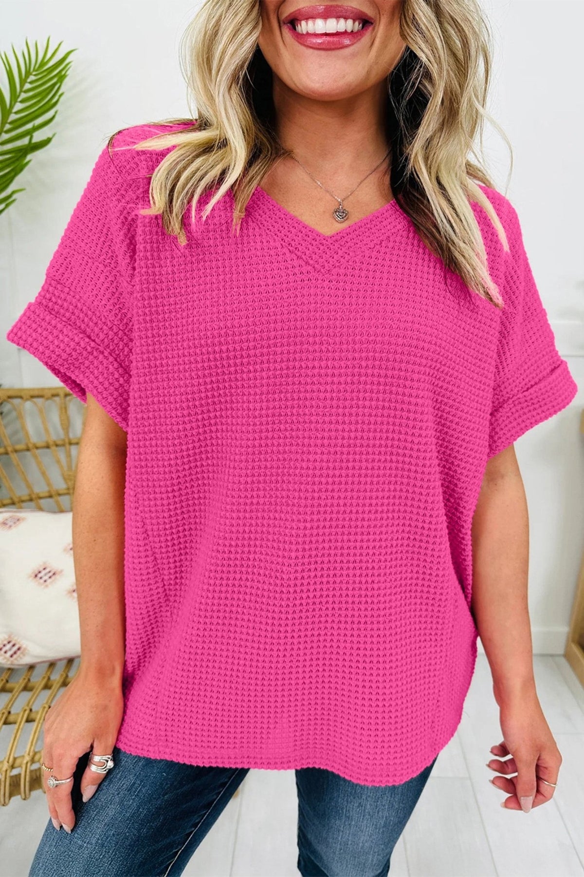 Solid Waffle Knit V-Neck Short Sleeve Top - Rooted & Reckless Co.
