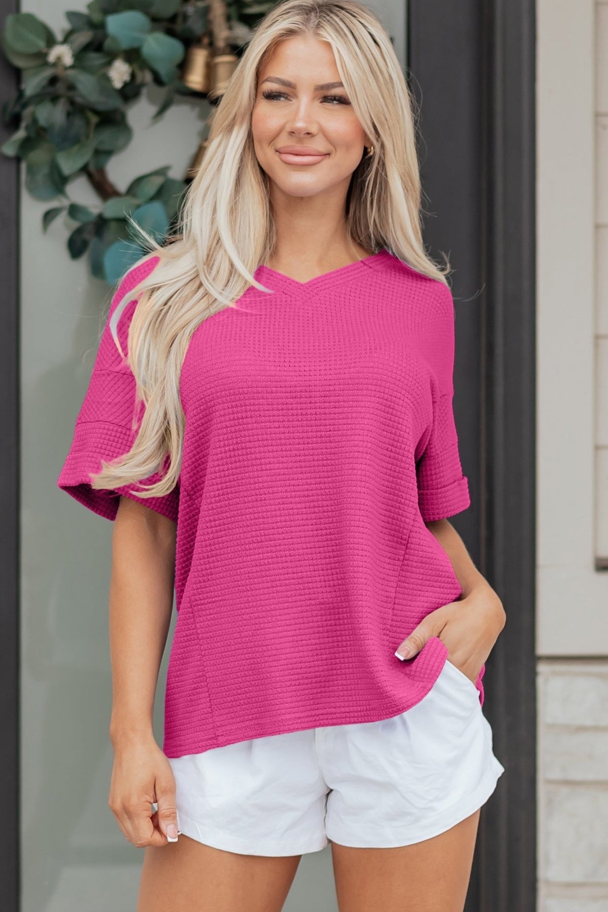 Solid Waffle Knit V-Neck Short Sleeve Top - Rooted & Reckless Co.