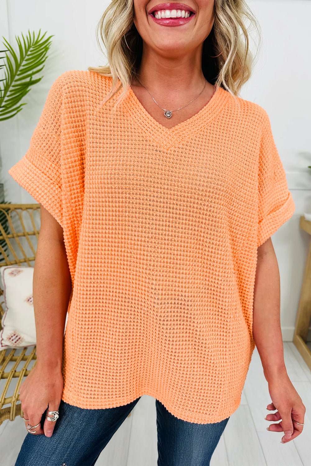 Solid Waffle Knit V-Neck Short Sleeve Top - Rooted & Reckless Co.