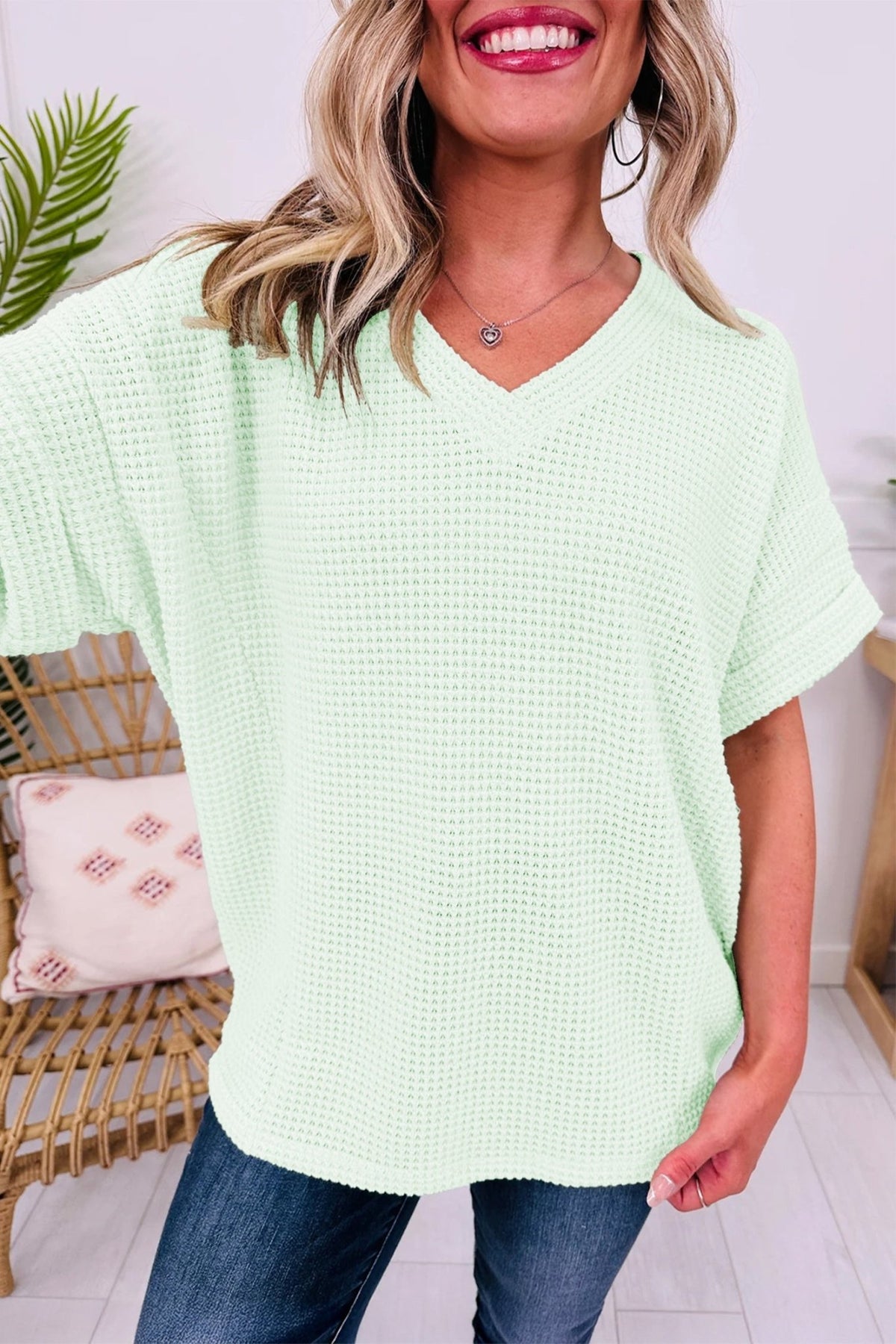 Solid Waffle Knit V-Neck Short Sleeve Top - Rooted & Reckless Co.