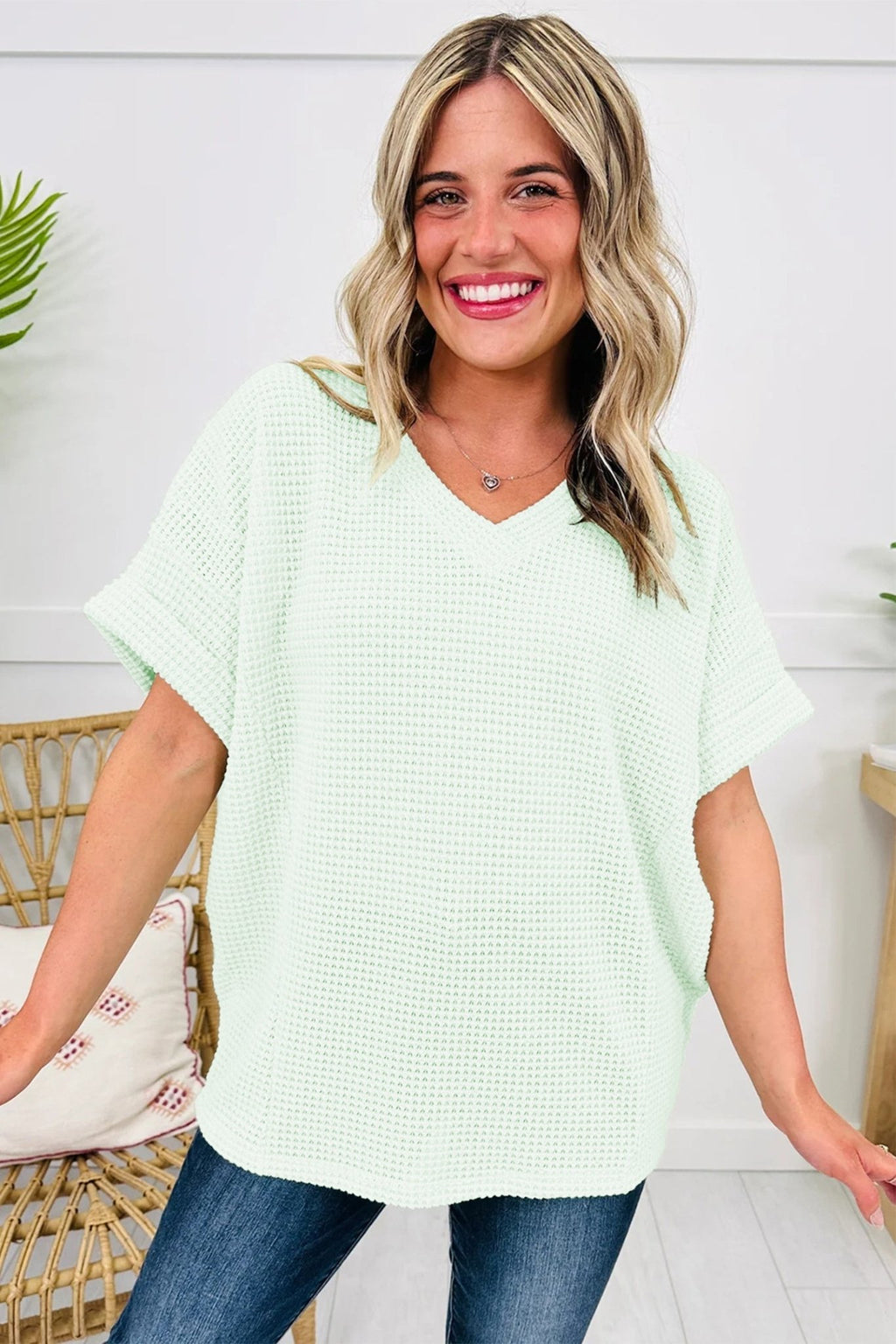 Solid Waffle Knit V-Neck Short Sleeve Top - Rooted & Reckless Co.