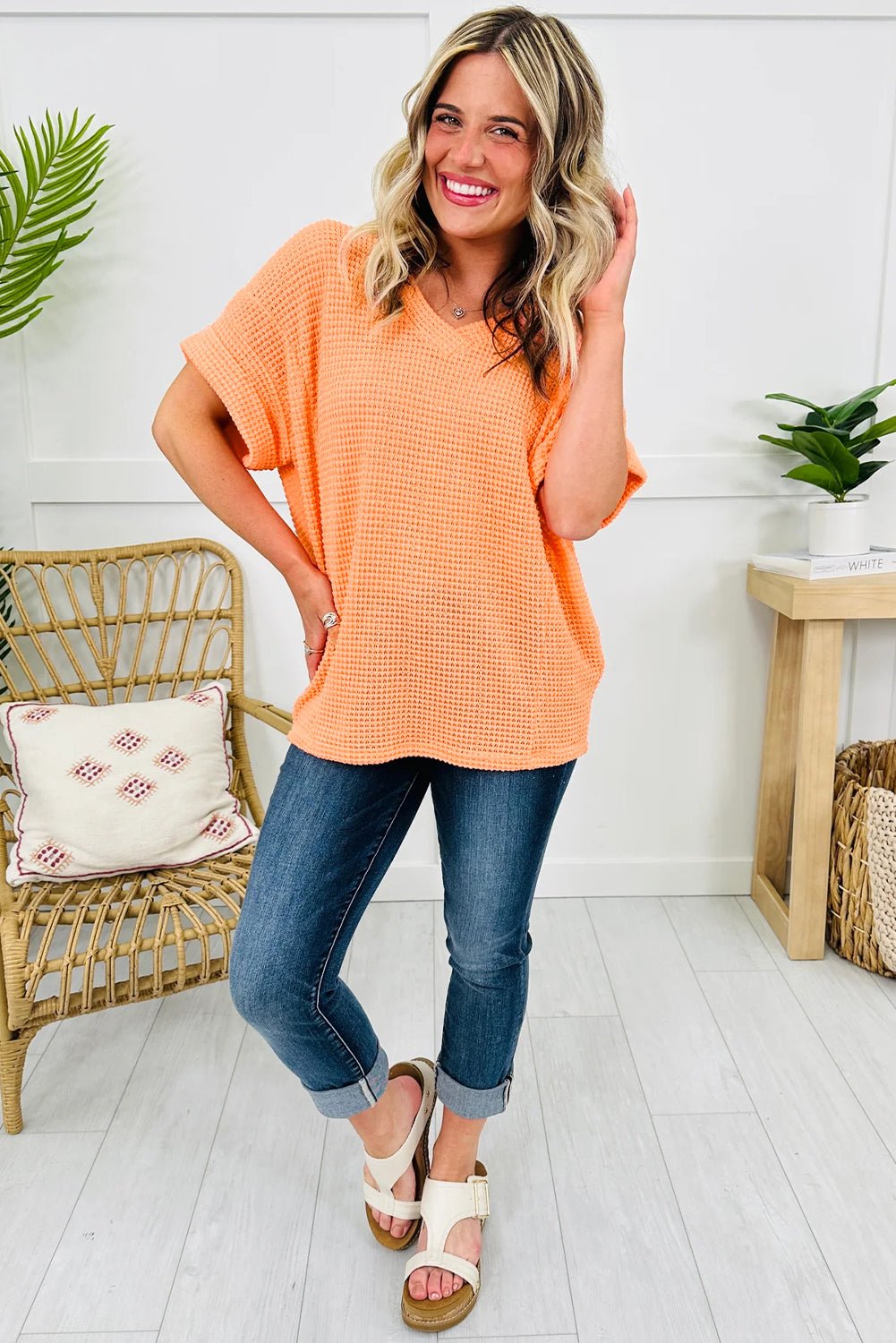 Solid Waffle Knit V-Neck Short Sleeve Top - Rooted & Reckless Co.