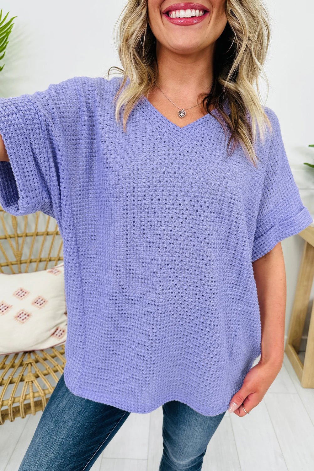 Solid Waffle Knit V-Neck Short Sleeve Top - Rooted & Reckless Co.