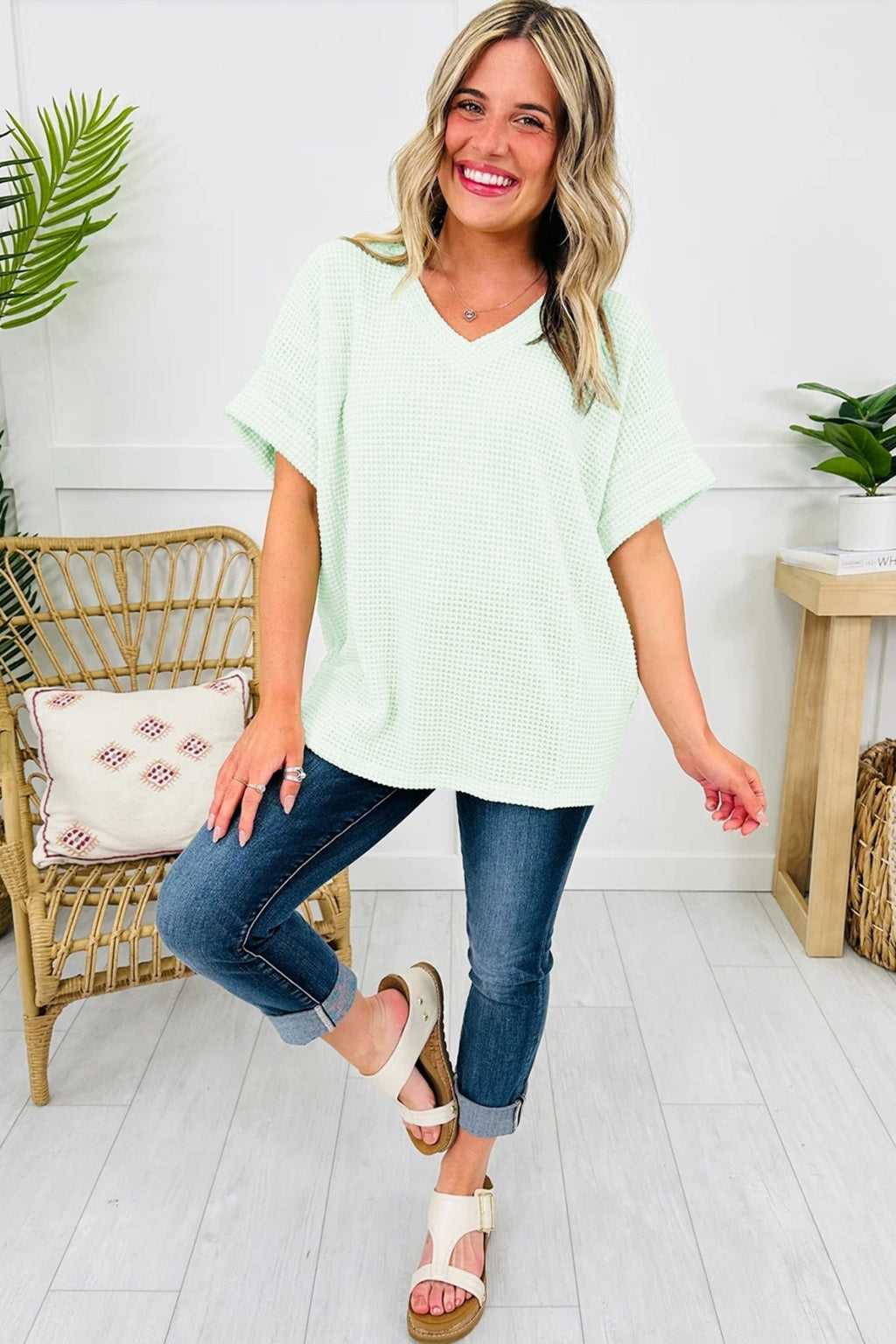 Solid Waffle Knit V-Neck Short Sleeve Top - Rooted & Reckless Co.