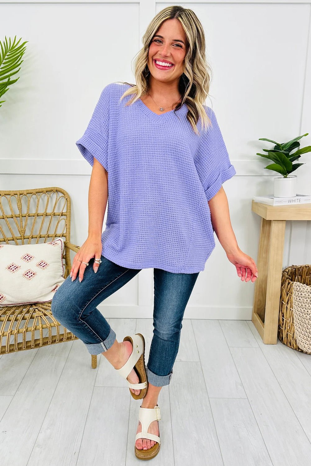 Solid Waffle Knit V-Neck Short Sleeve Top - Rooted & Reckless Co.