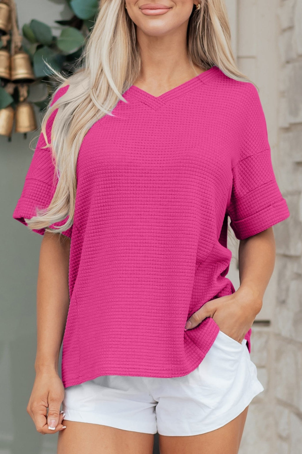 Solid Waffle Knit V-Neck Short Sleeve Top - Rooted & Reckless Co.