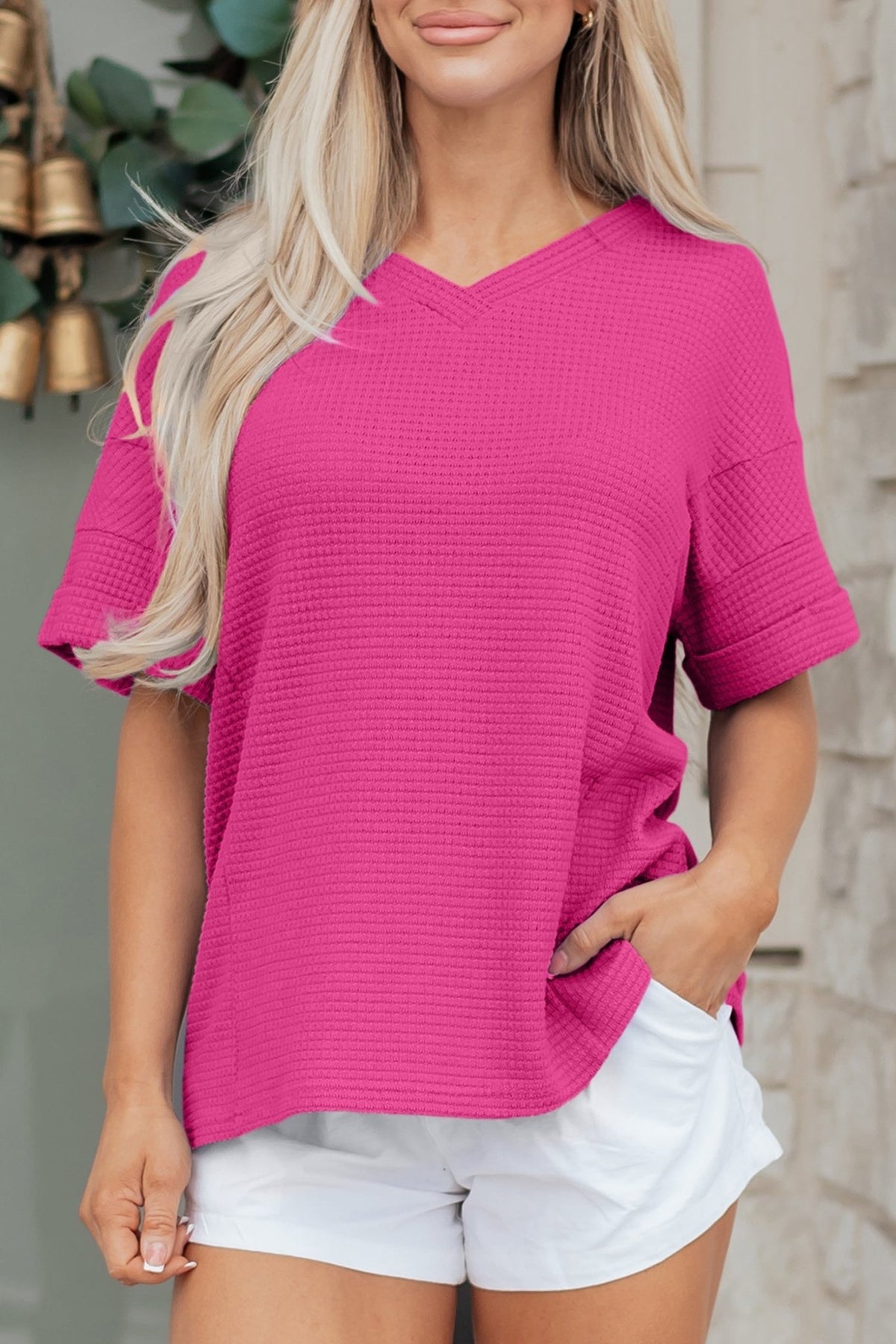 Solid Waffle Knit V-Neck Short Sleeve Top - Rooted & Reckless Co.