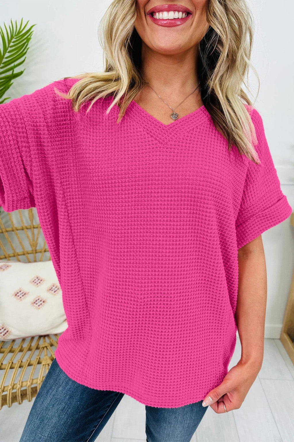 Solid Waffle Knit V-Neck Short Sleeve Top - Rooted & Reckless Co.