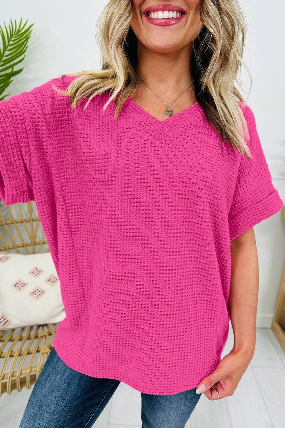 Solid Waffle Knit V-Neck Short Sleeve Top - Rooted & Reckless Co.