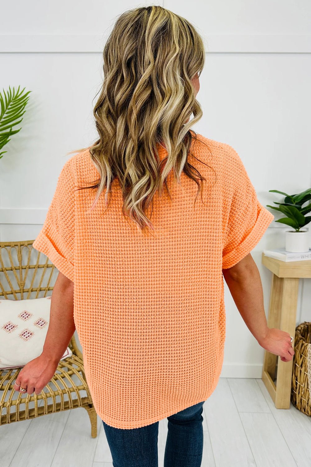 Solid Waffle Knit V-Neck Short Sleeve Top - Rooted & Reckless Co.