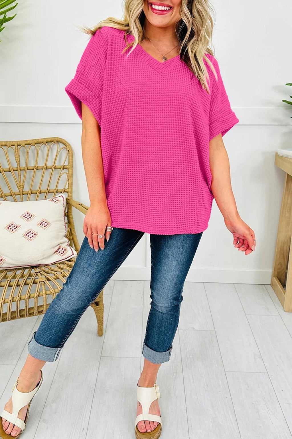 Solid Waffle Knit V-Neck Short Sleeve Top - Rooted & Reckless Co.