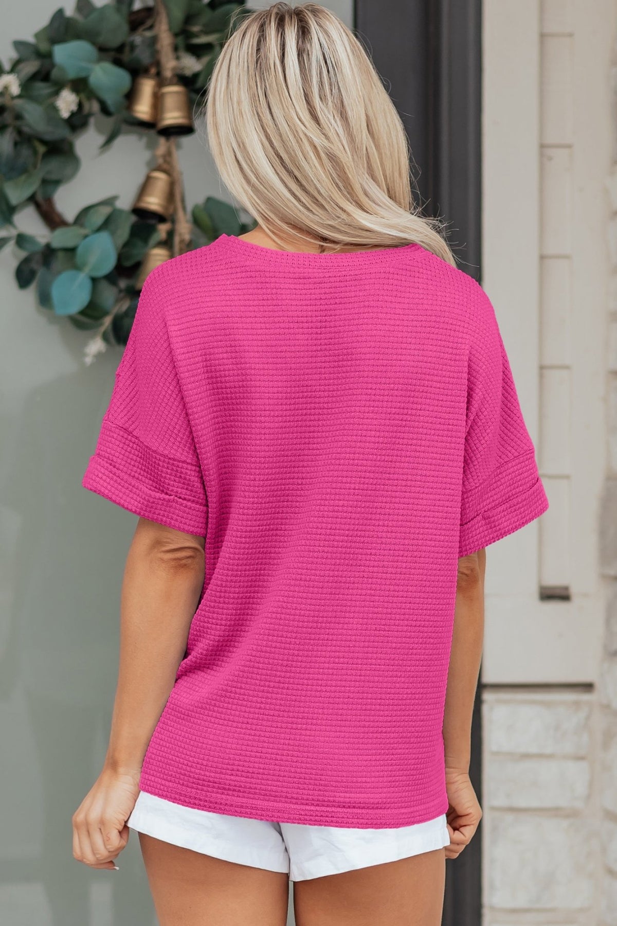 Solid Waffle Knit V-Neck Short Sleeve Top - Rooted & Reckless Co.