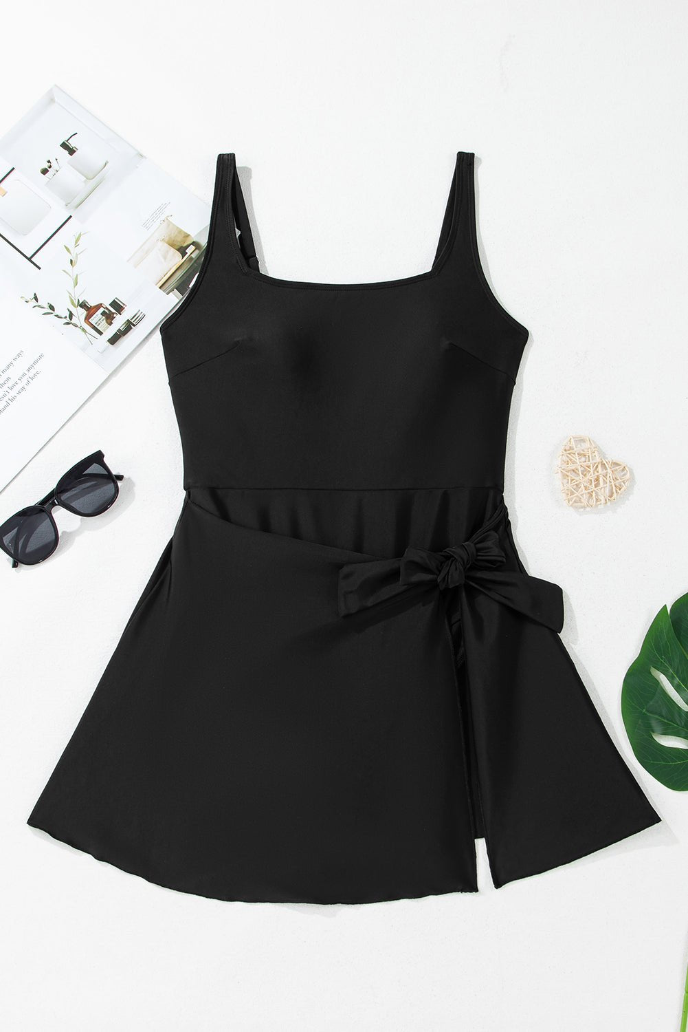 Solid Wrap Tie Waist Square Neck Swim Dress - Rooted & Reckless Co.