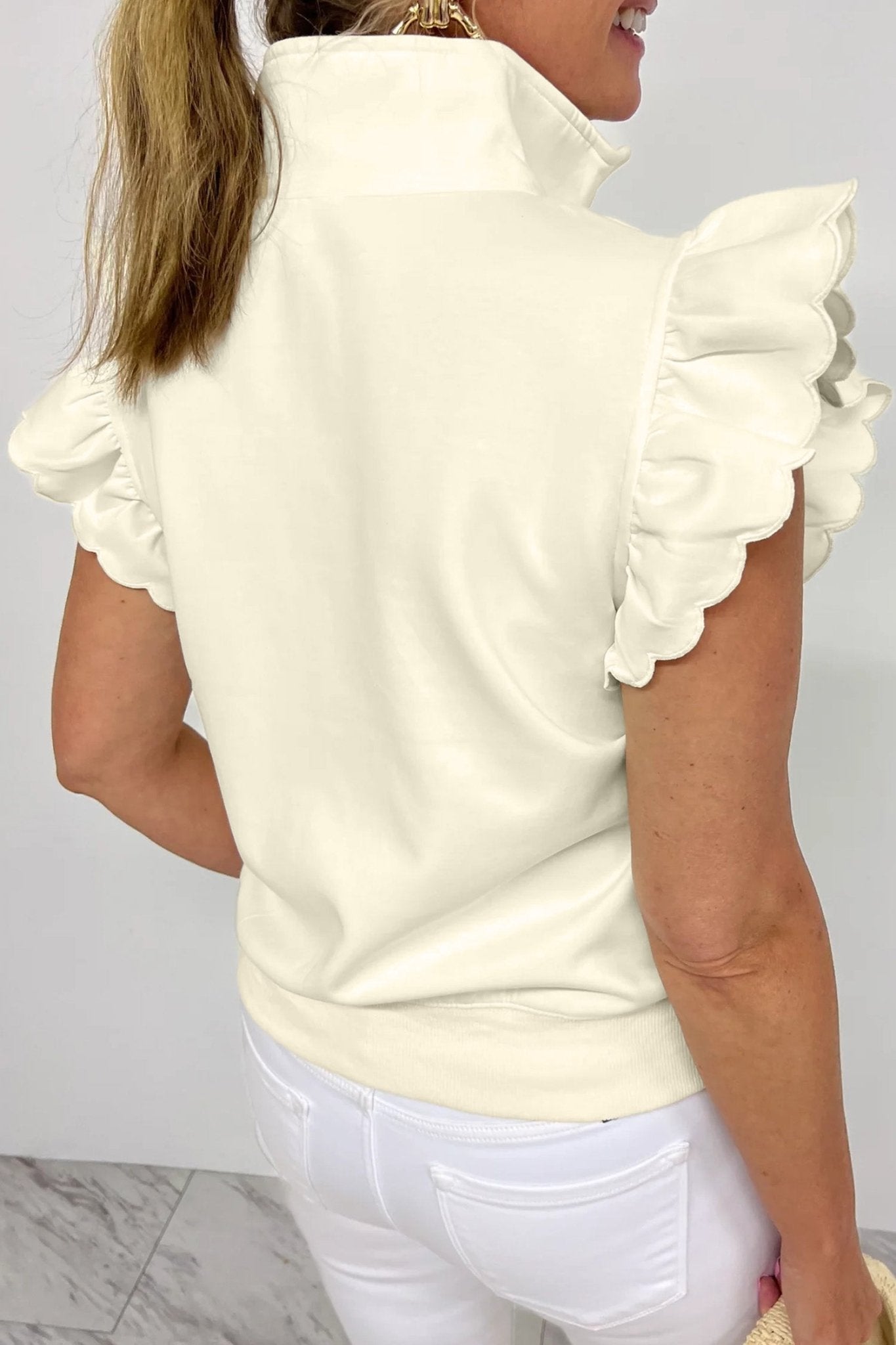 Solid Zip-Up Collared Ruffle Short Sleeve Blouse - Rooted & Reckless Co.