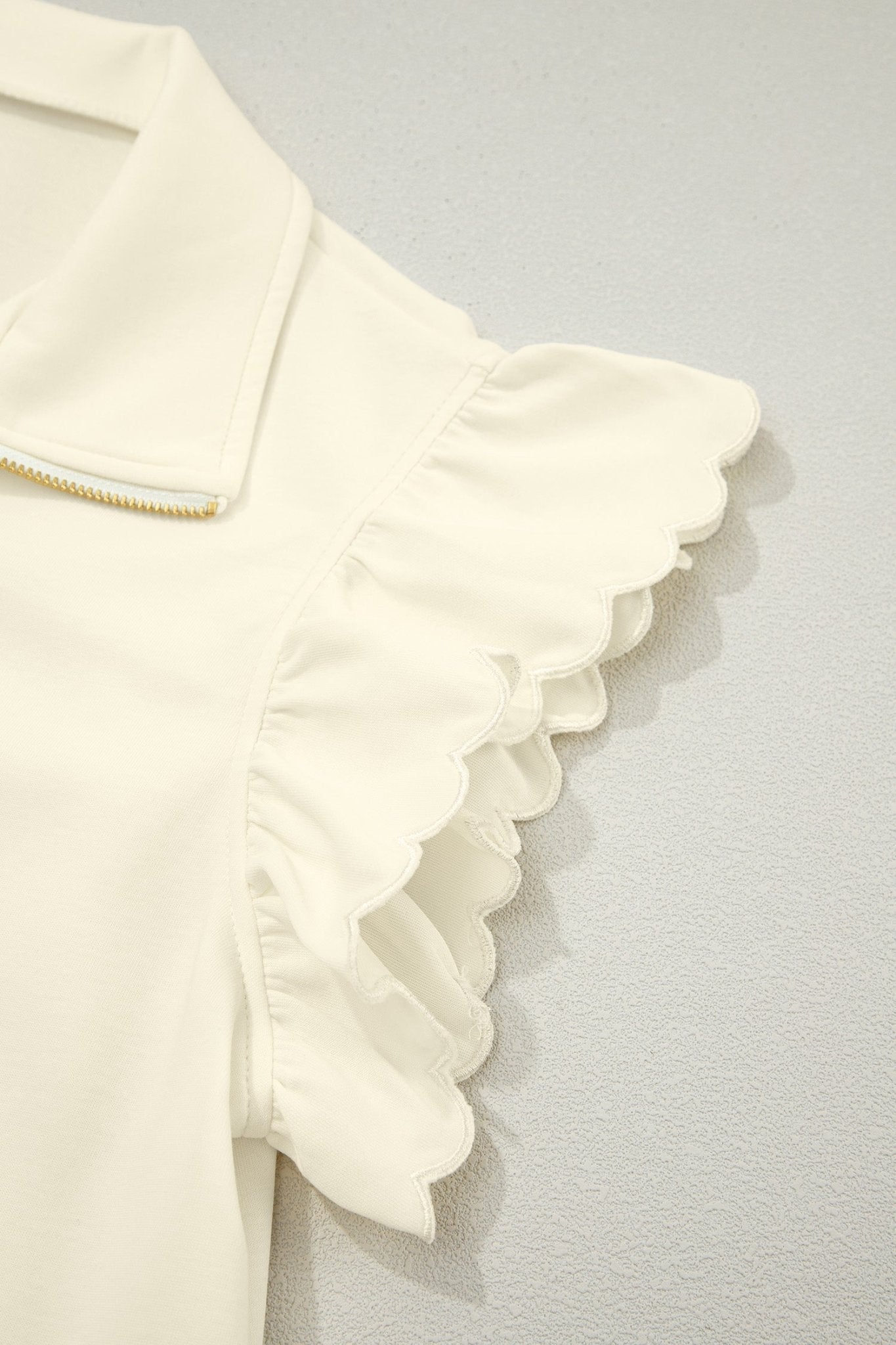 Solid Zip-Up Collared Ruffle Short Sleeve Blouse - Rooted & Reckless Co.