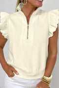 Solid Zip-Up Collared Ruffle Short Sleeve Blouse - Rooted & Reckless Co.