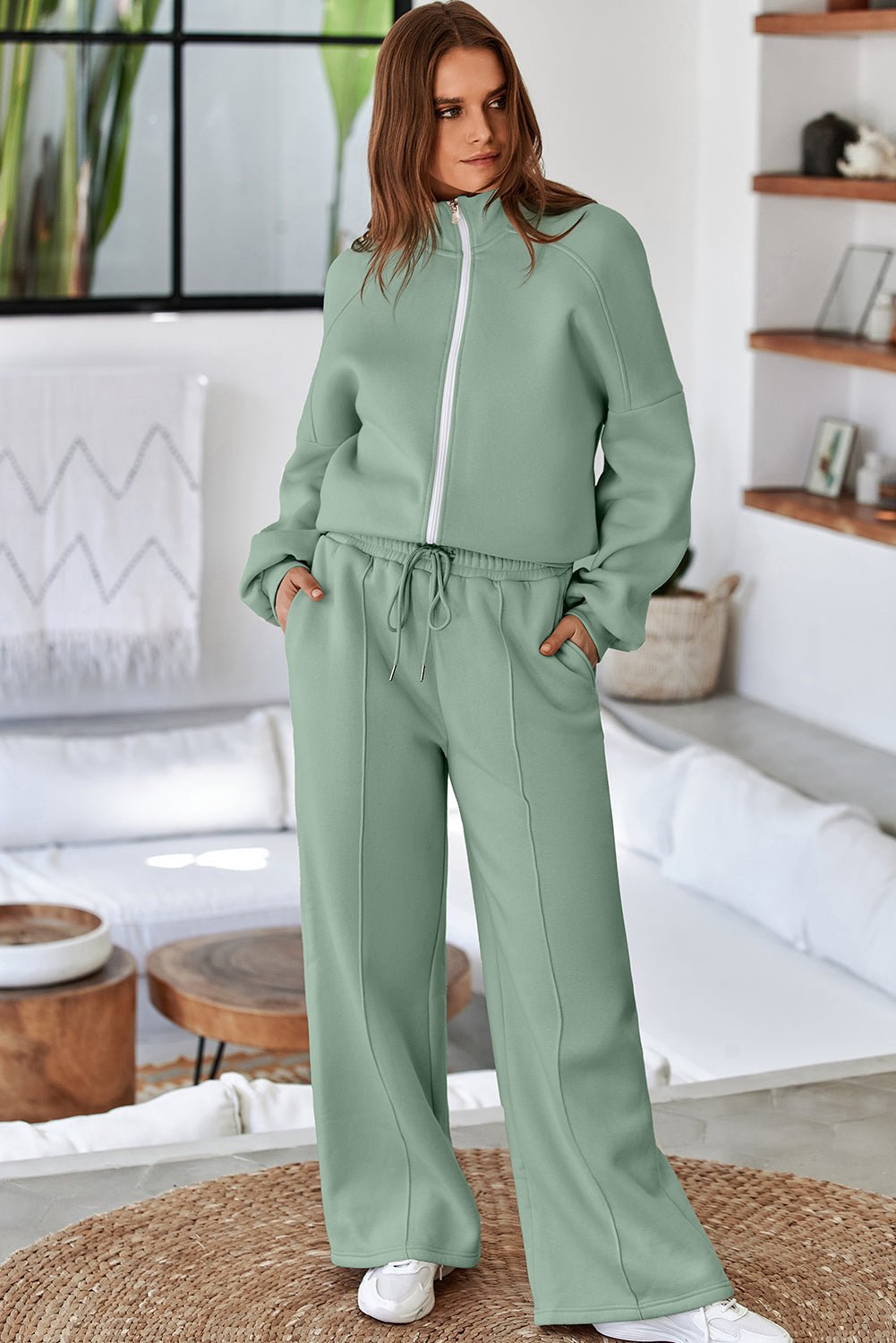 Solid Zip-Up Jacket and Drawstring Pants Set - Rooted & Reckless Co.