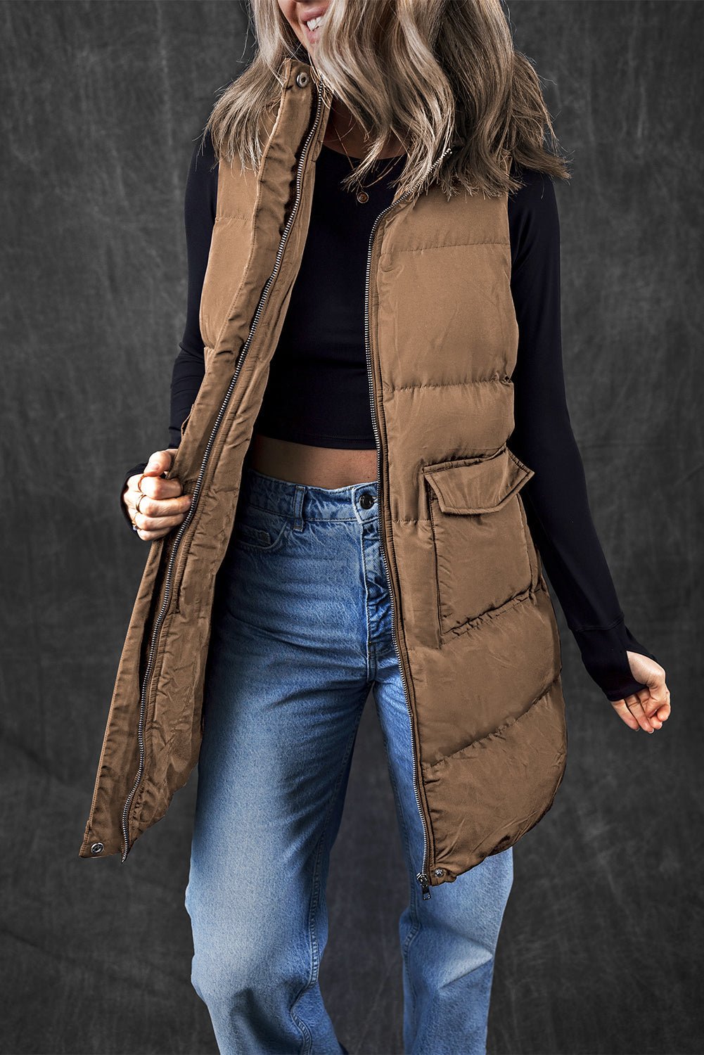 Solid Zip-Up Pocketed Puffer Vest - Rooted & Reckless Co.