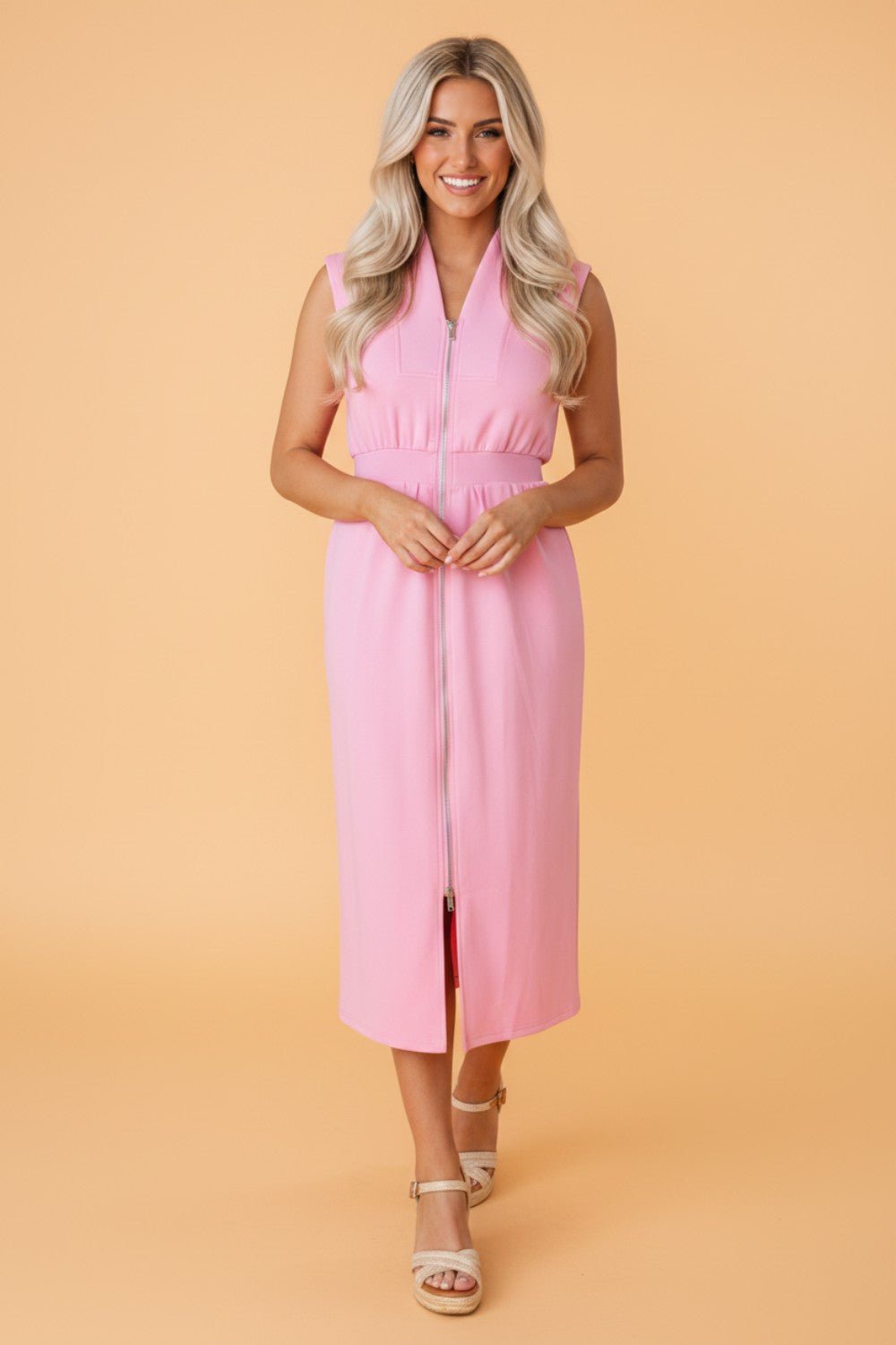 Solid Zip Up V-Neck Sleeveles Midi Dress - Rooted & Reckless Co.