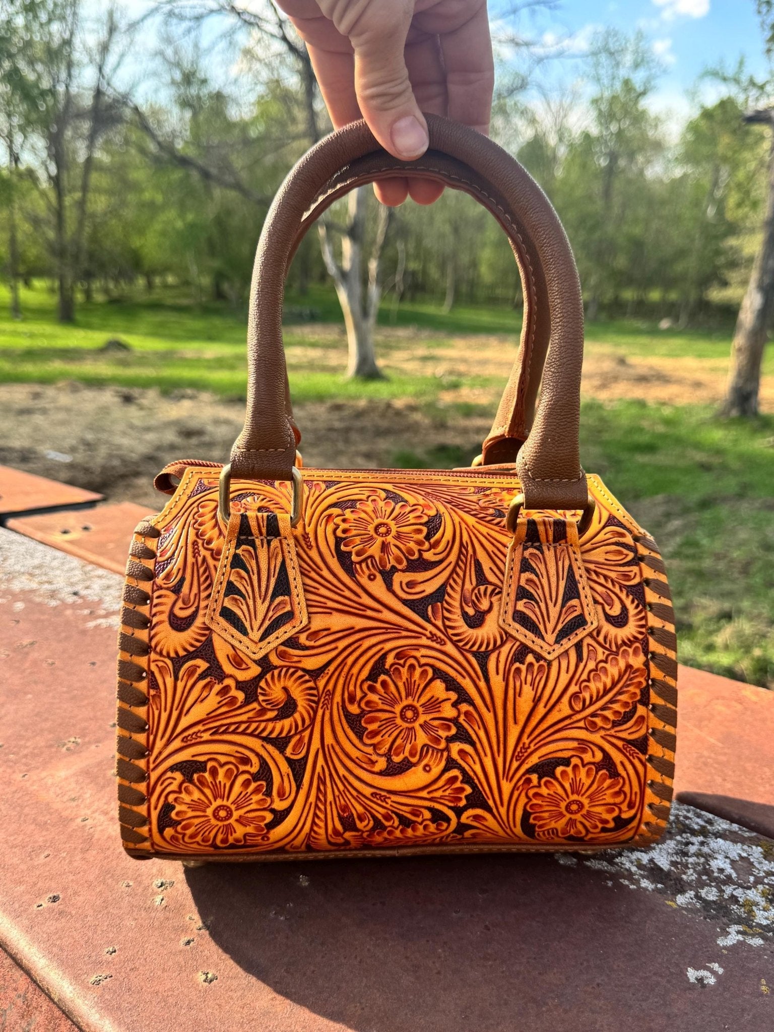 Sorrel Sunset Speedy Western Genuine Leather Barrel Bag Purse by Double B - Rooted & Reckless Co.