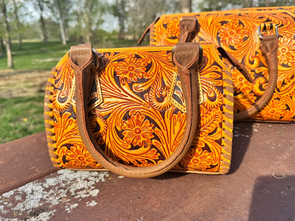 Sorrel Sunset Speedy Western Genuine Leather Barrel Bag Purse by Double B - Rooted & Reckless Co.