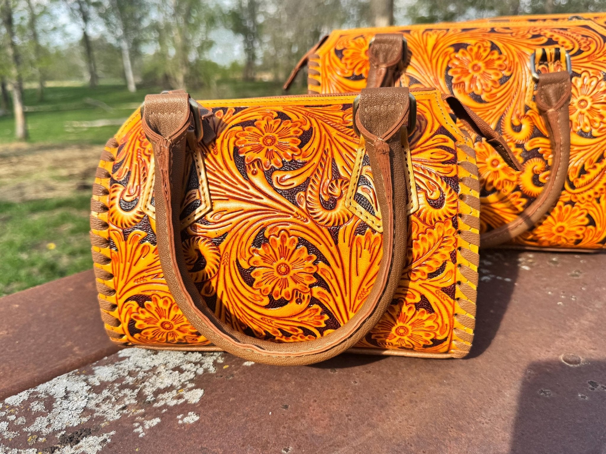 Sorrel Sunset Speedy Western Genuine Leather Barrel Bag Purse by Double B - Rooted & Reckless Co.