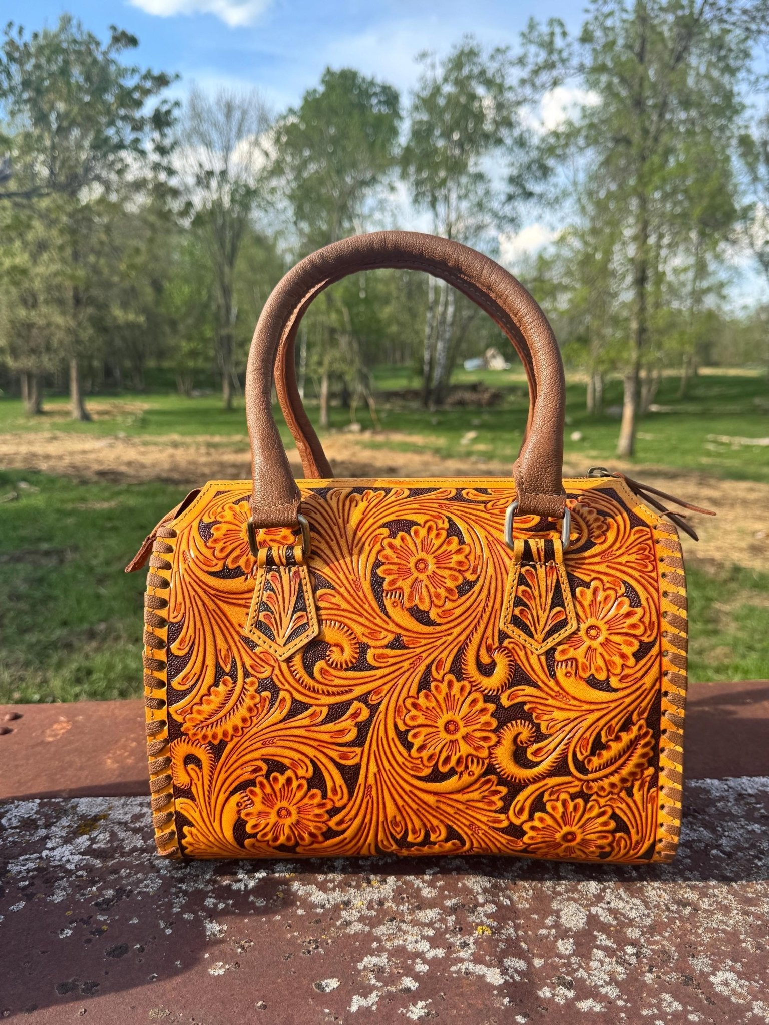 Sorrel Sunset Speedy Western Genuine Leather Barrel Bag Purse by Double B - Rooted & Reckless Co.