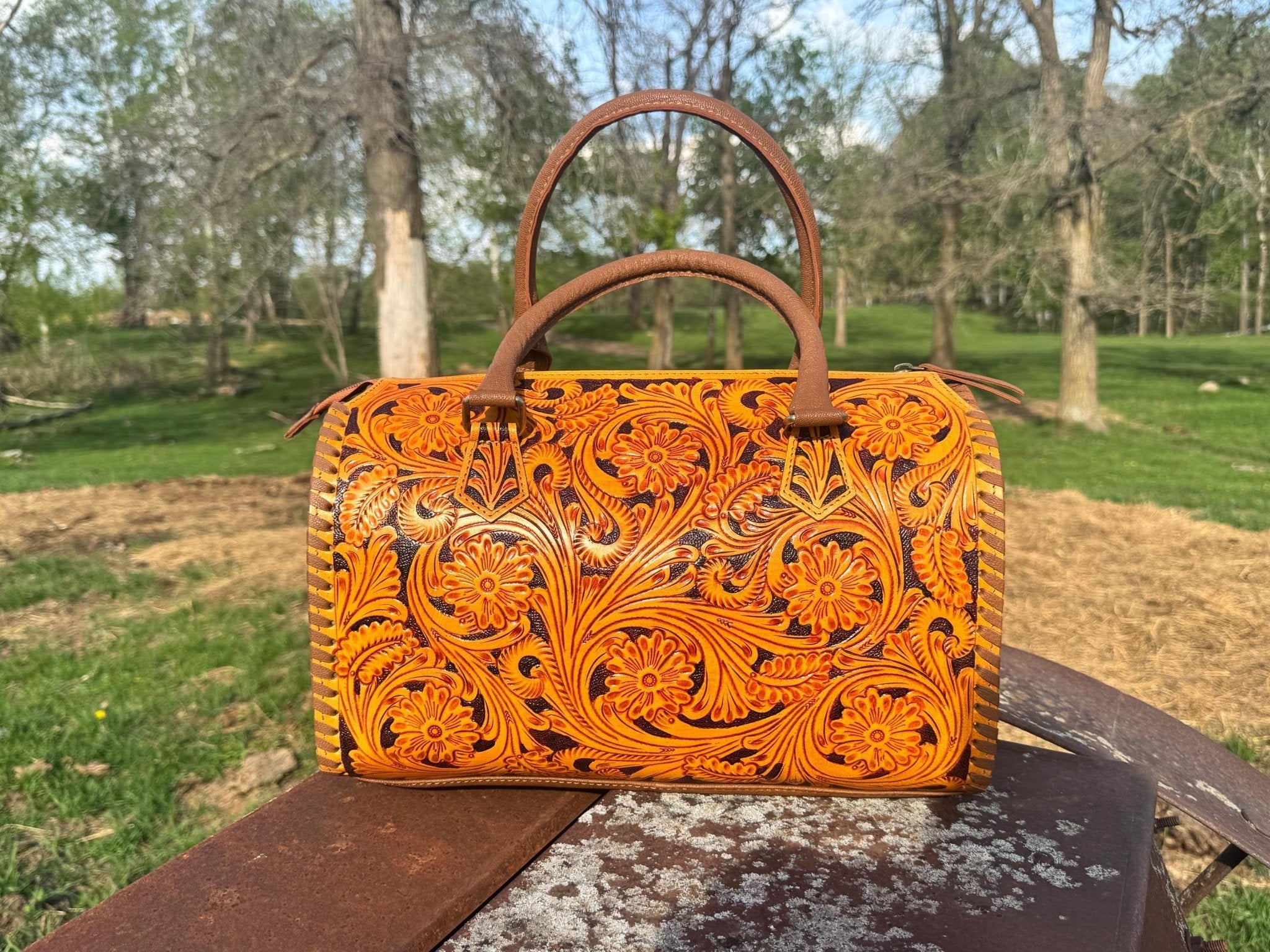 Sorrel Sunset Speedy Western Genuine Leather Barrel Bag Purse by Double B - Rooted & Reckless Co.