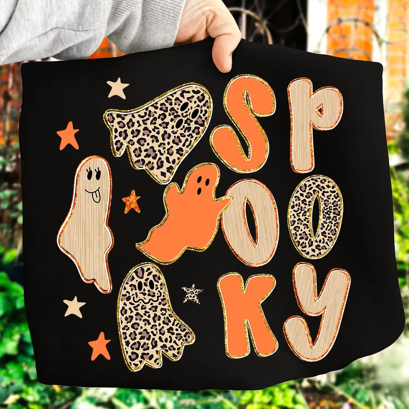 Spooky leopard and orange ghost tee or sweatshirt - Rooted & Reckless Co.