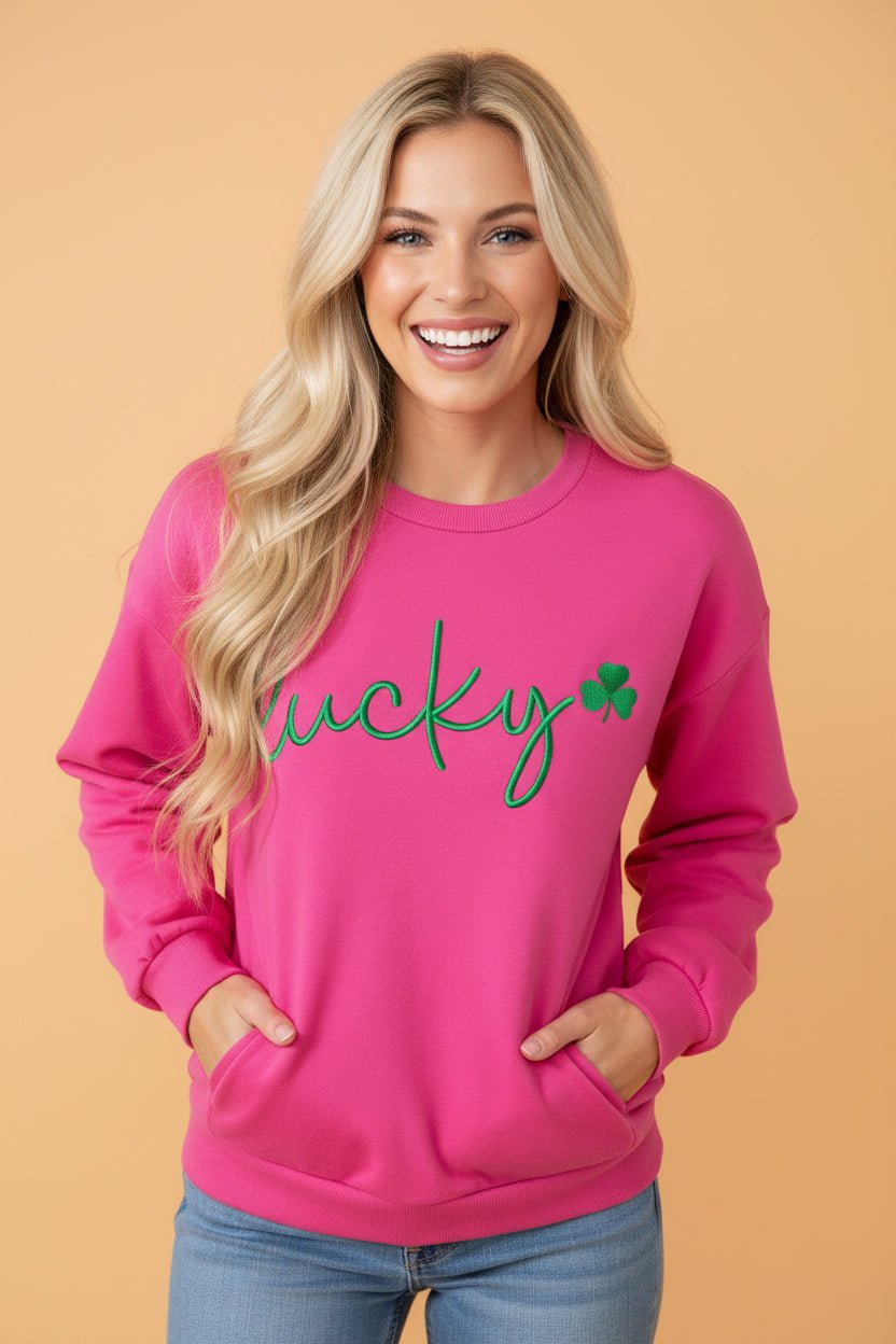 St Patrick Lucky Clover Embroidered Pullover Sweatshirt - Rooted & Reckless Co.