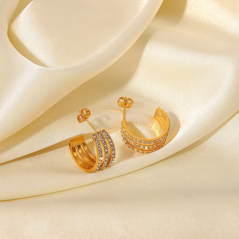 Stainless Steel Inlaid Zircon C-Hoop Earrings - Rooted & Reckless Co.