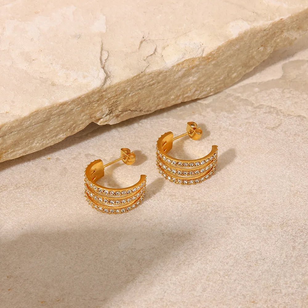 Stainless Steel Inlaid Zircon C-Hoop Earrings - Rooted & Reckless Co.