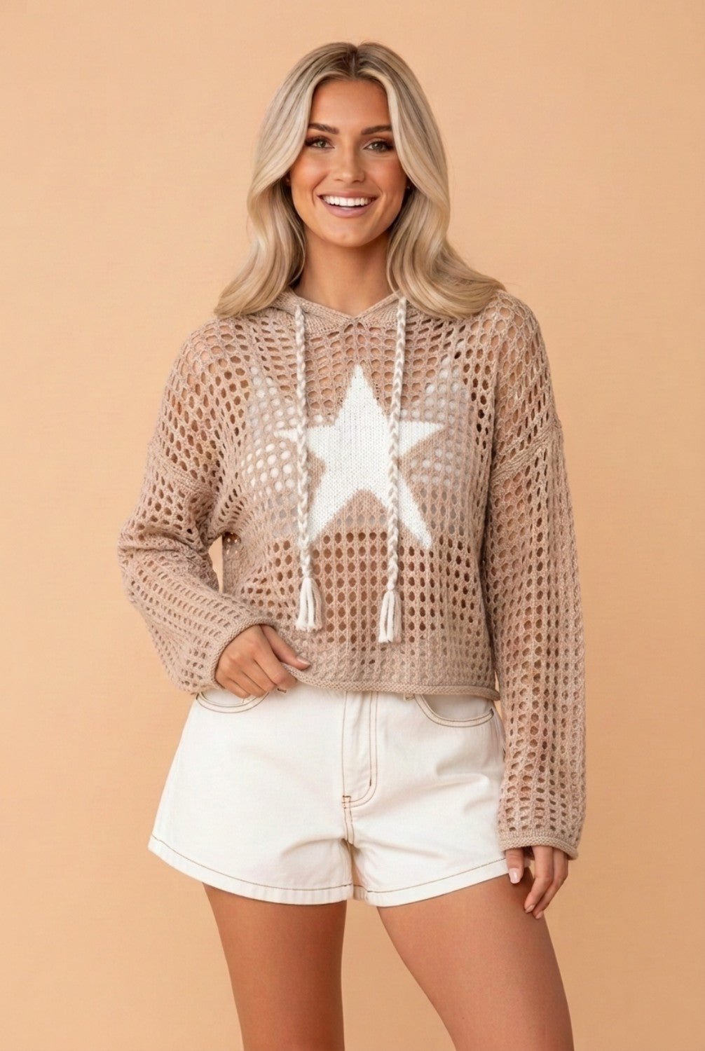 Star Patch Crochet Drawstring Hoodie Sweater - Rooted & Reckless Co.