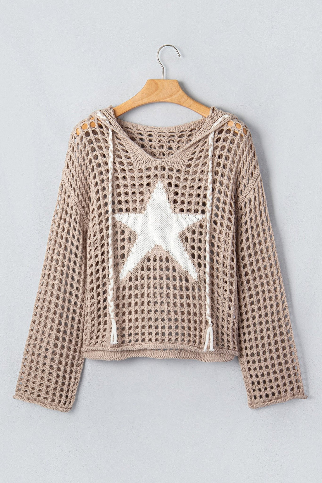Star Patch Crochet Drawstring Hoodie Sweater - Rooted & Reckless Co.