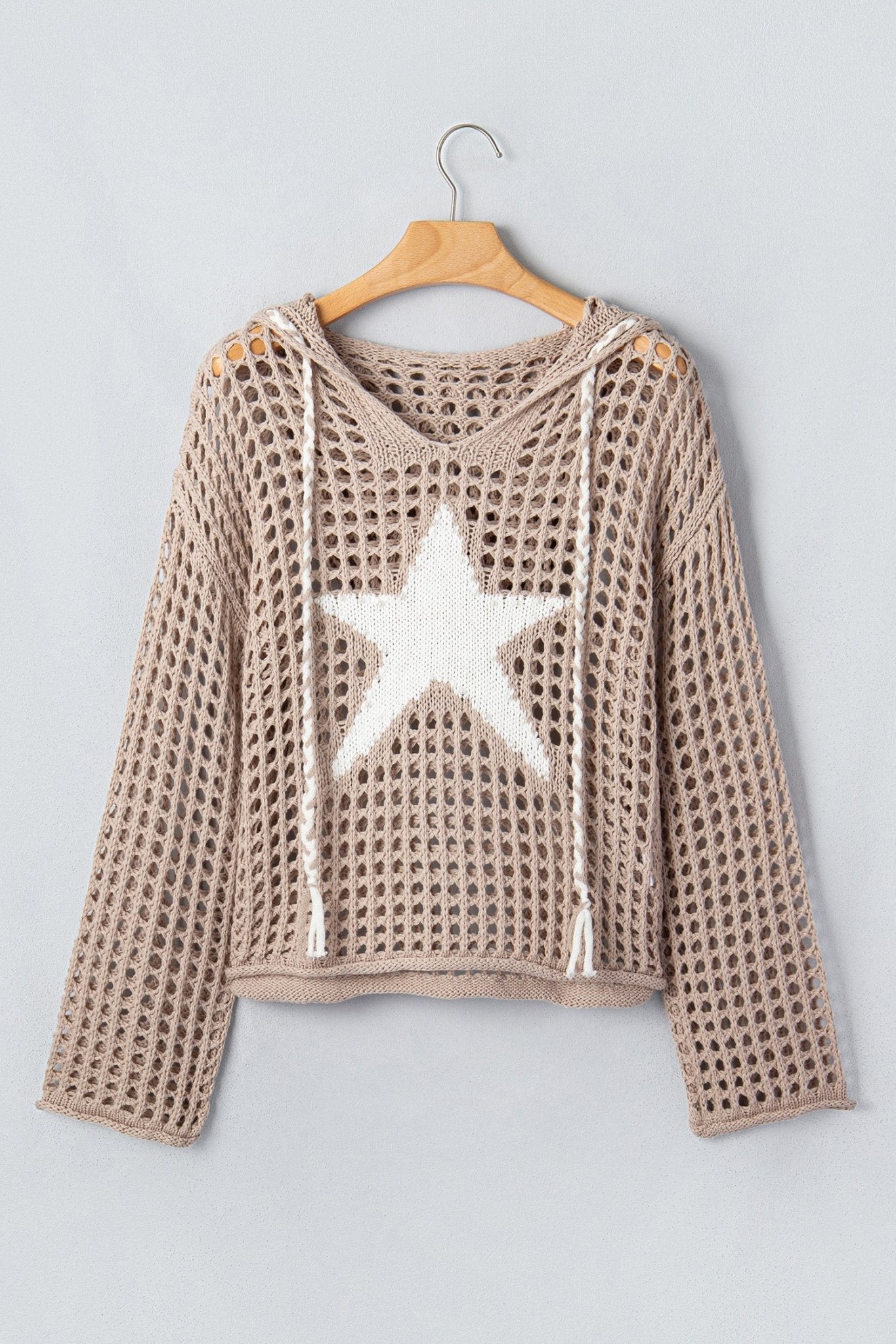 Star Patch Crochet Drawstring Hoodie Sweater - Rooted & Reckless Co.