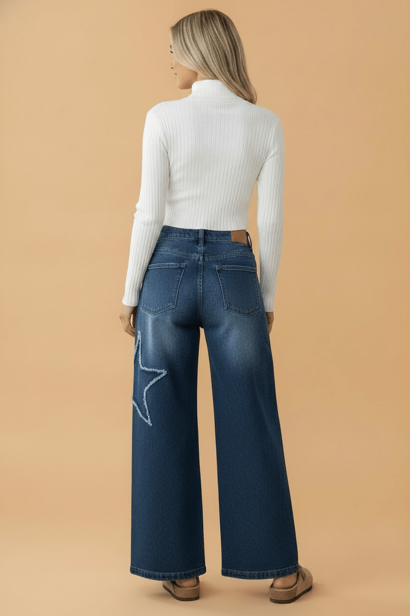 Star Patchwork Distressed Denim Wide Leg Jeans - Rooted & Reckless Co.
