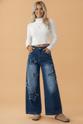 Star Patchwork Distressed Denim Wide Leg Jeans - Rooted & Reckless Co.