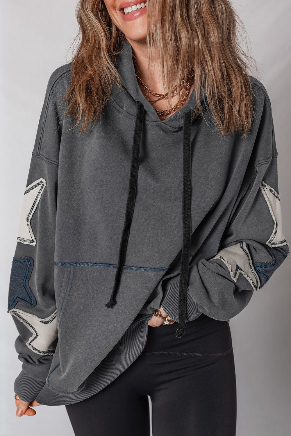 Star Patchwork Mineral Wash Kangaroo Pocket Hoodie - Rooted & Reckless Co.
