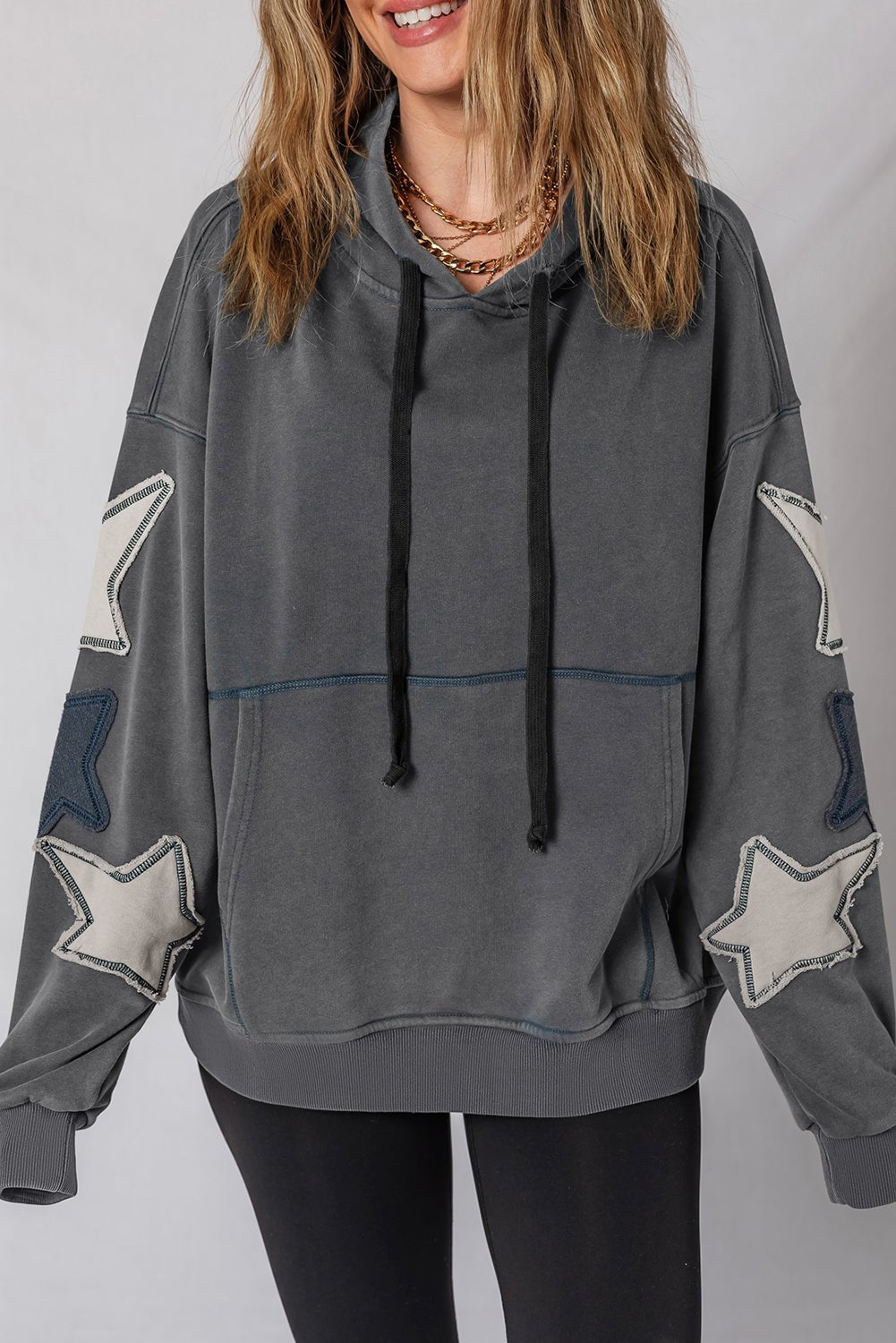 Star Patchwork Mineral Wash Kangaroo Pocket Hoodie - Rooted & Reckless Co.