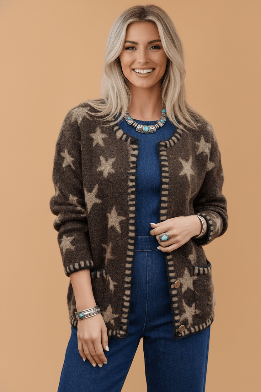 Star Stripe Trim Long Sleeve Open Front Cardigan - Rooted & Reckless Co.