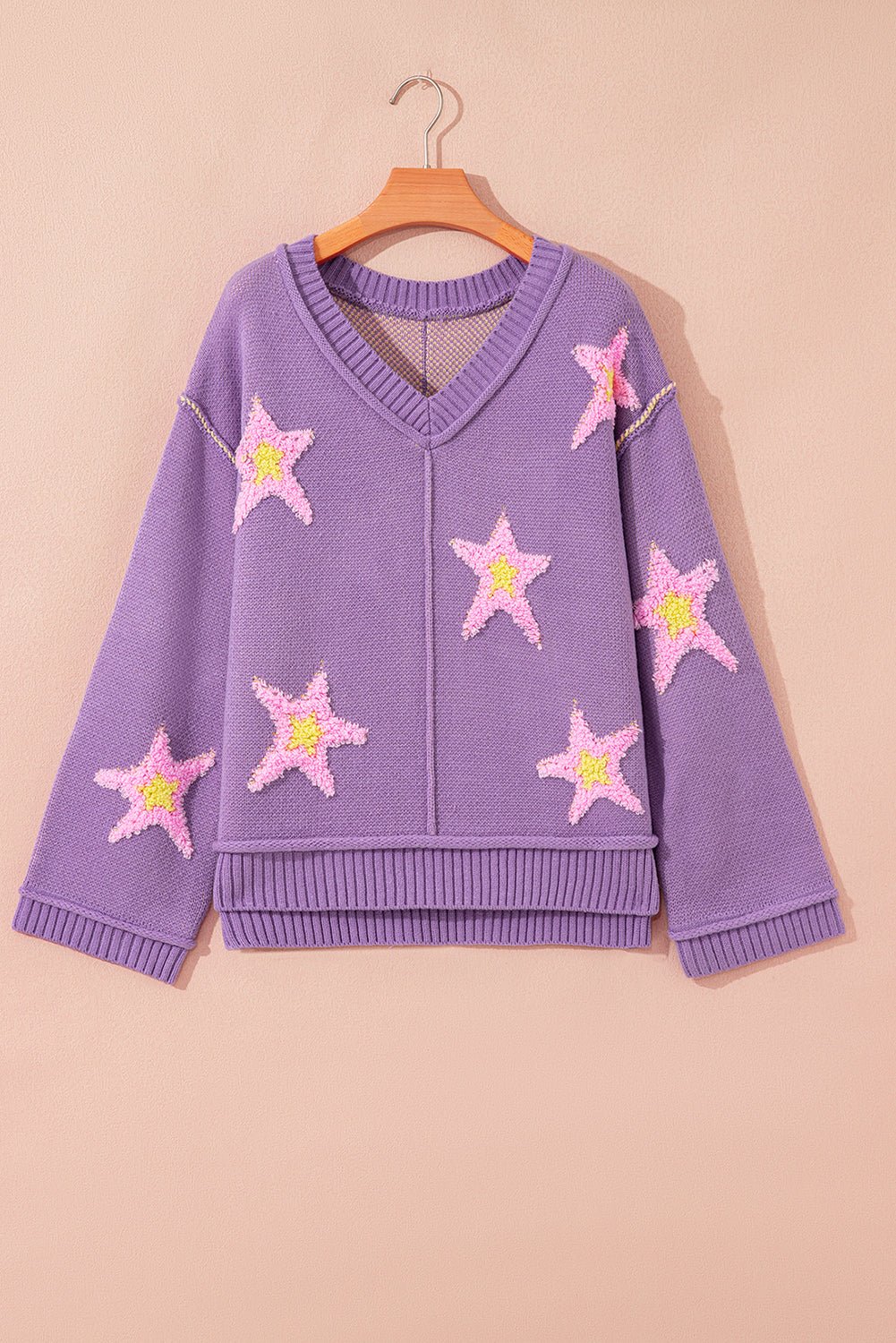 Star Textured V-Neck Drop Shoulder Oversized Sweater - Rooted & Reckless Co.