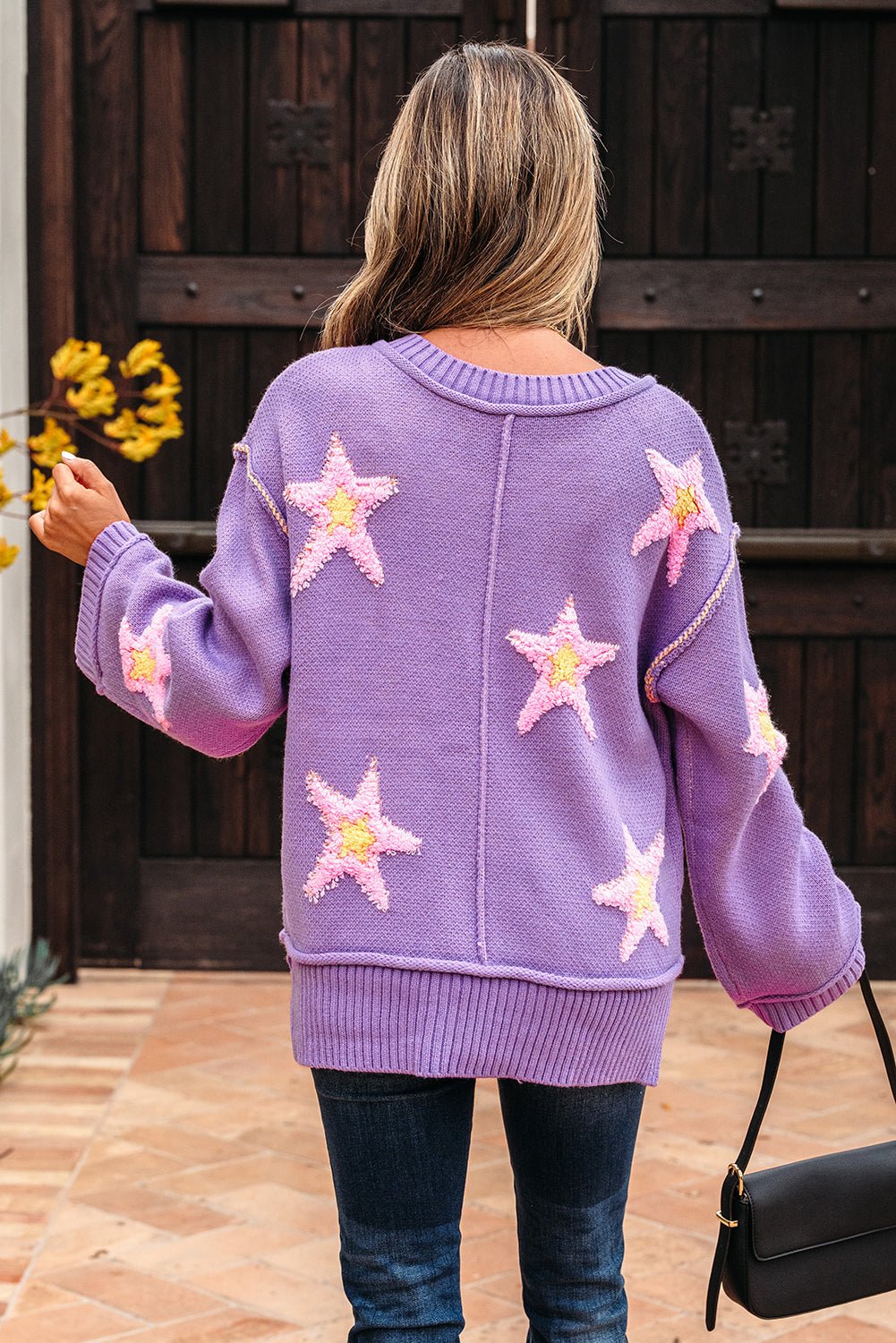 Star Textured V-Neck Drop Shoulder Oversized Sweater - Rooted & Reckless Co.
