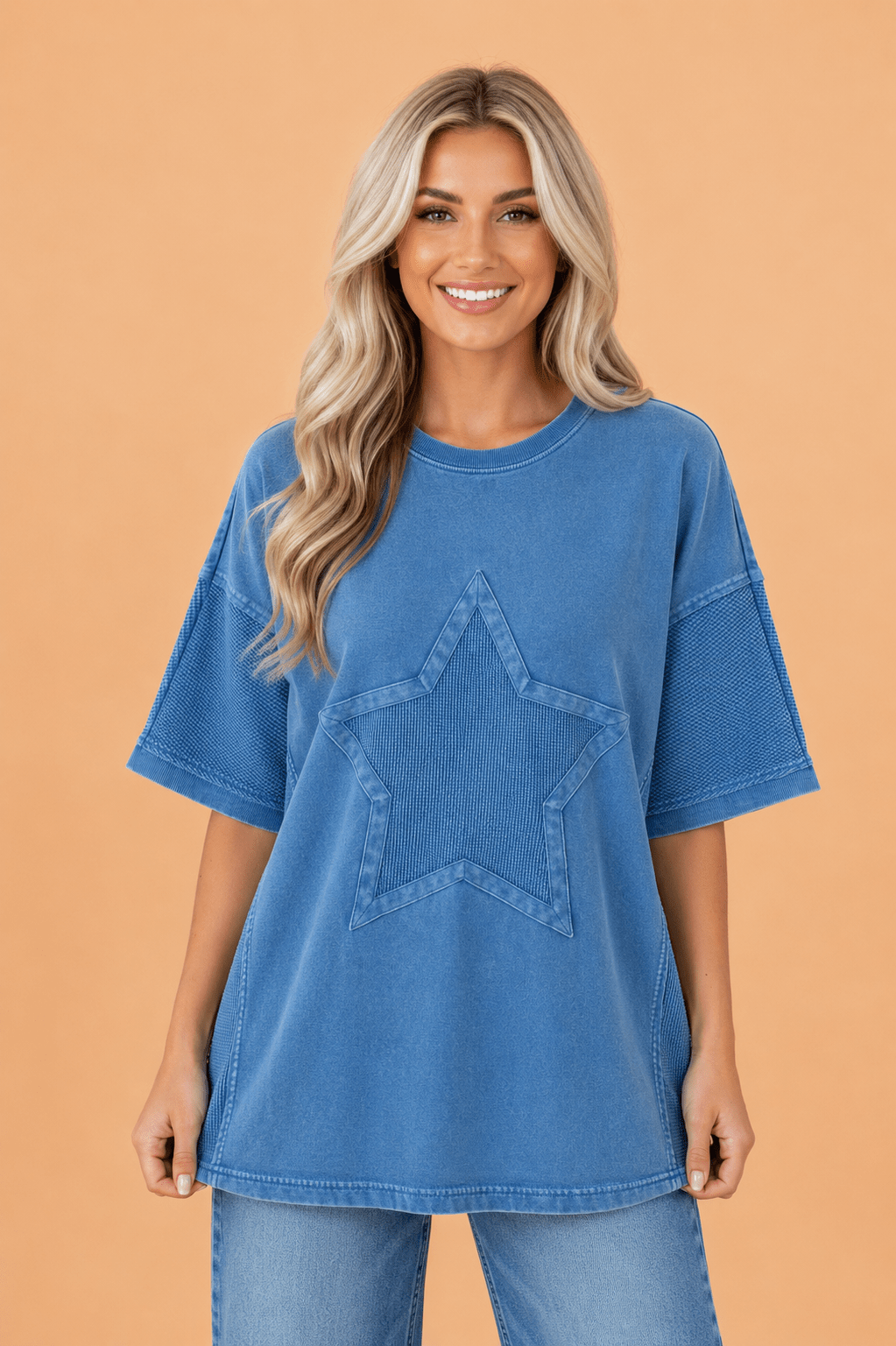 Star Waffle Knit Patchwork Mineral Wash Tee - Rooted & Reckless Co.