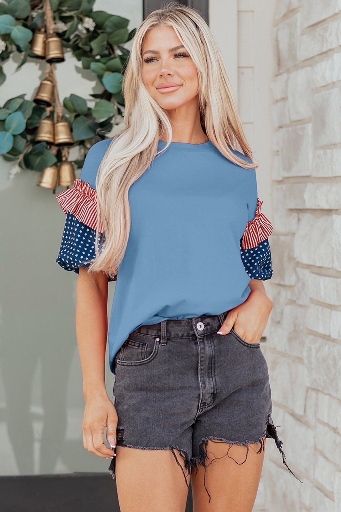 Stars & Stripe Patchwork Short Puff Sleeve Top - Rooted & Reckless Co.