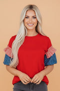 Stars & Stripe Patchwork Short Puff Sleeve Top - Rooted & Reckless Co.